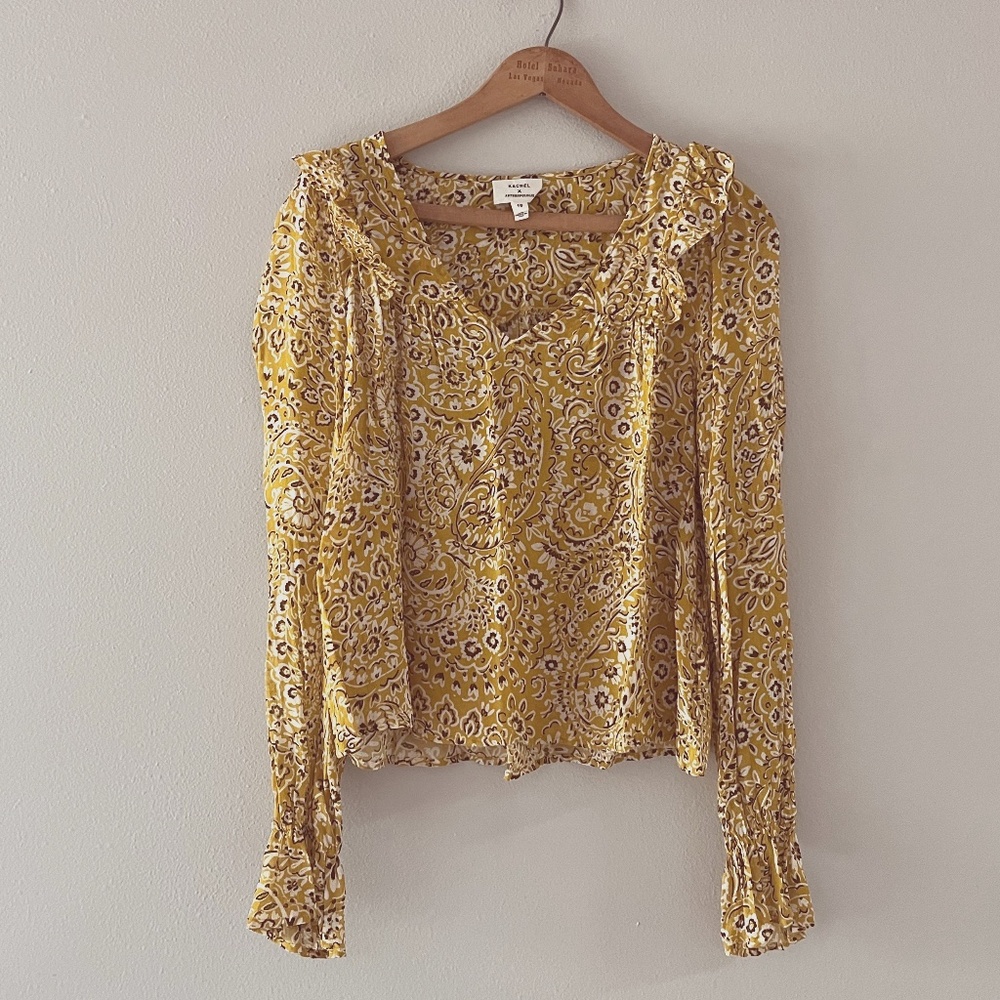 Kachel X Anthropologie Yellow Paisley Ruffle Blouse, Sz 10, EUC
